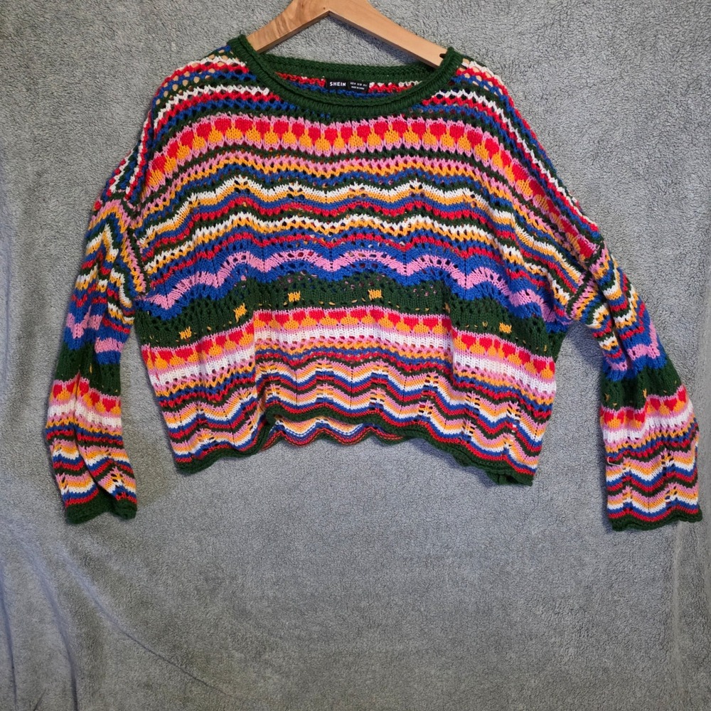 SHEIN Rainbow Chevron Crochet Knit Sweater Multi Color Boho Scalloped Crop Med